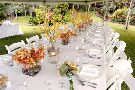 Outside dining area with long table setting